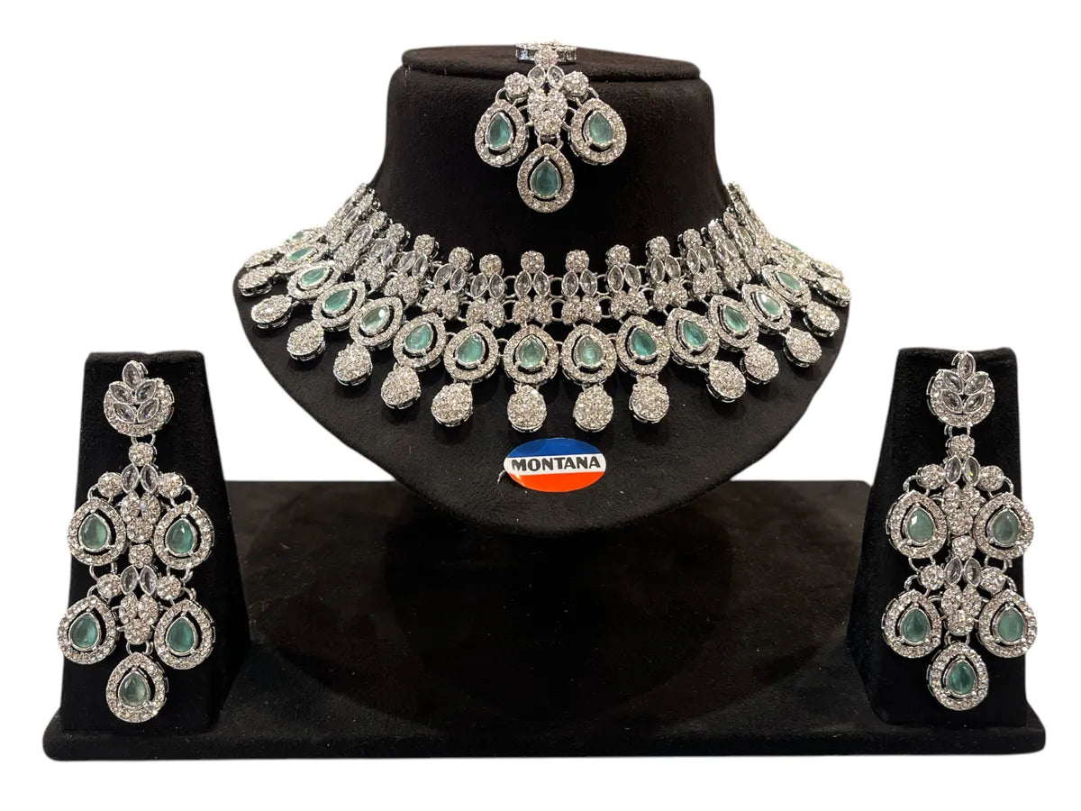 Green Brass Glass Stone Choker Set For Women
