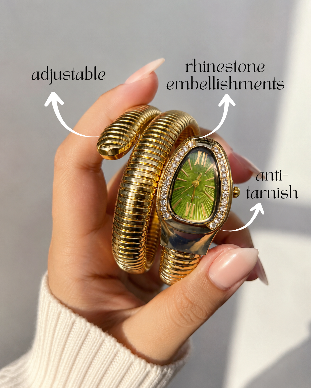 Gold-Tone Serpent Wrap Watch with Emerald Green Dial