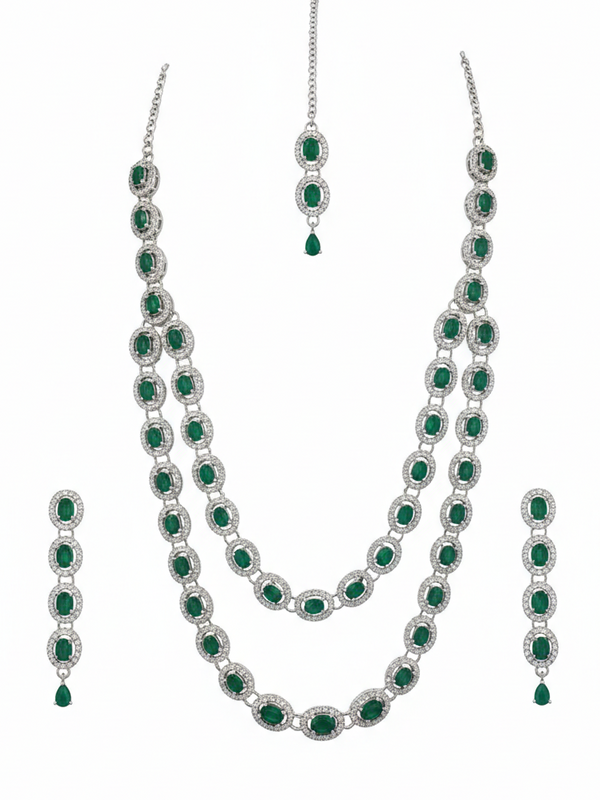 Green Brass Multilayer Necklace Set For Women