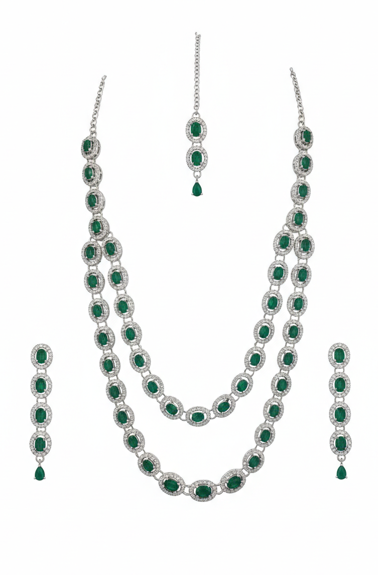 Green Brass Multilayer Necklace Set For Women