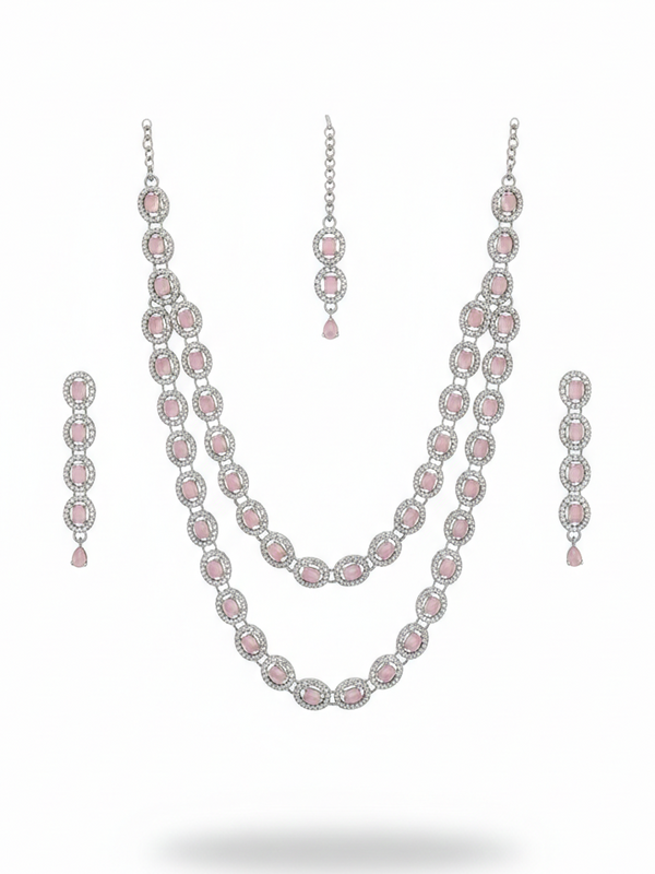 Pink Brass Multilayer Necklace Set For Women