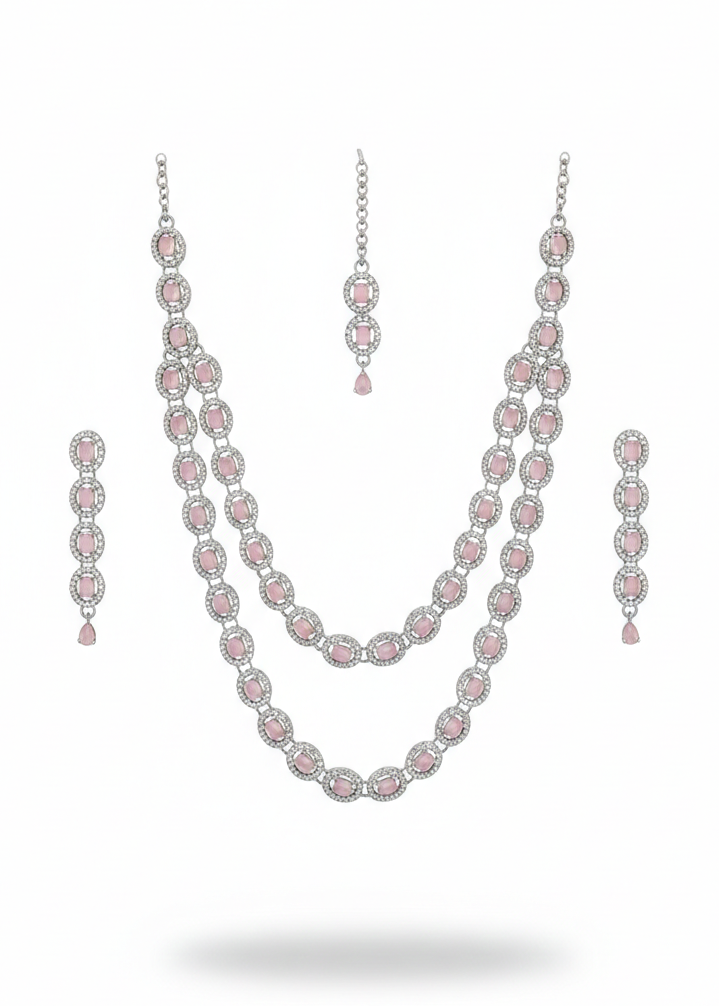 Pink Brass Multilayer Necklace Set For Women