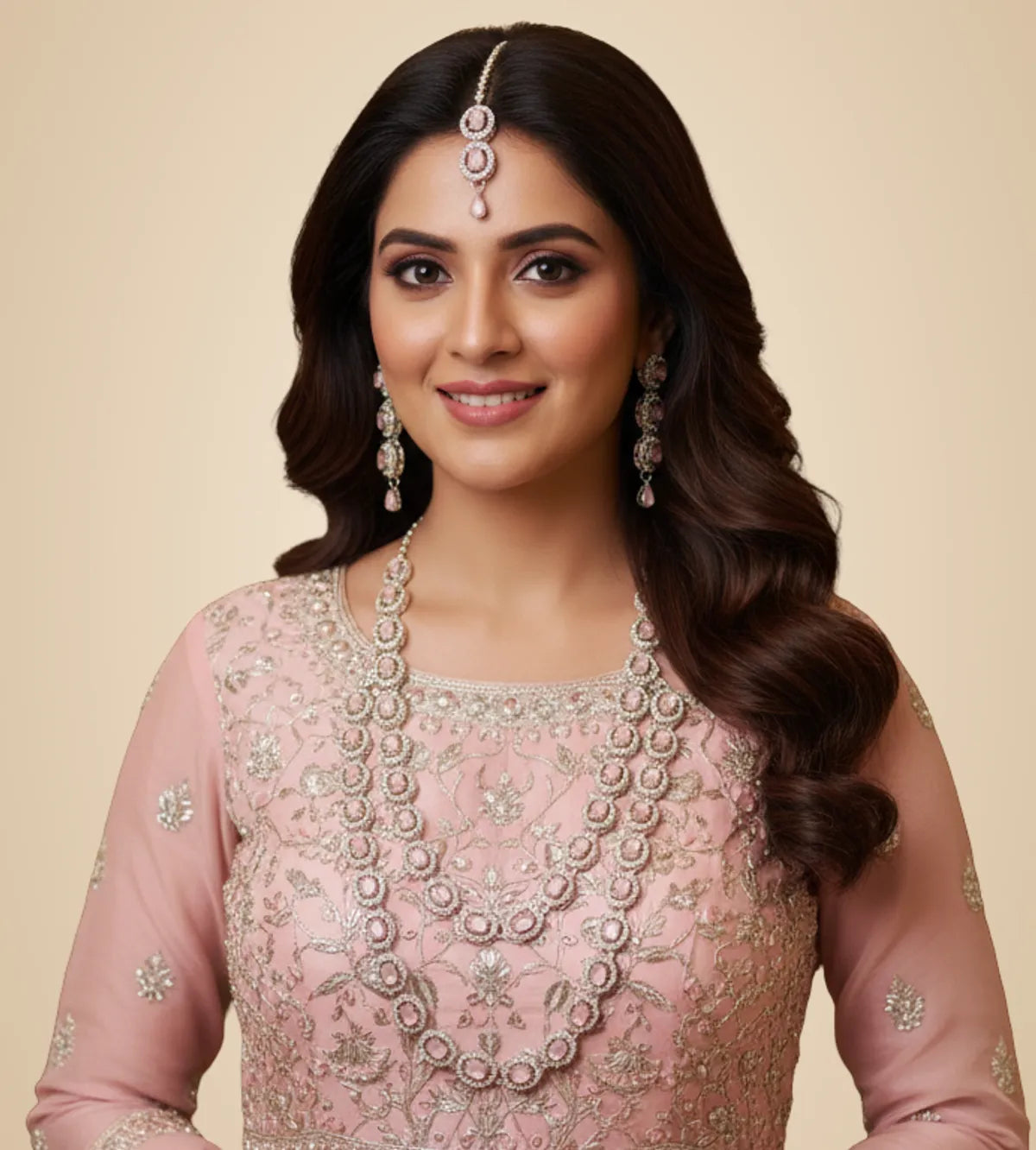 Pink Brass Multilayer Necklace Set For Women