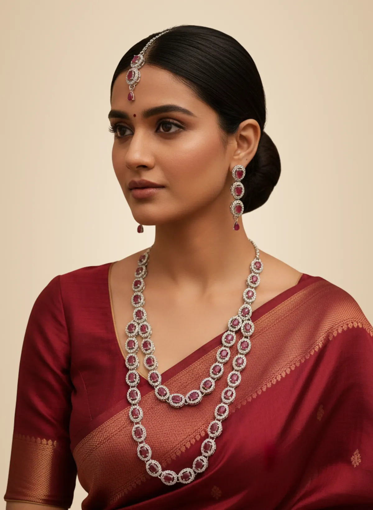 Ruby Brass Multilayer Necklace Set For Women