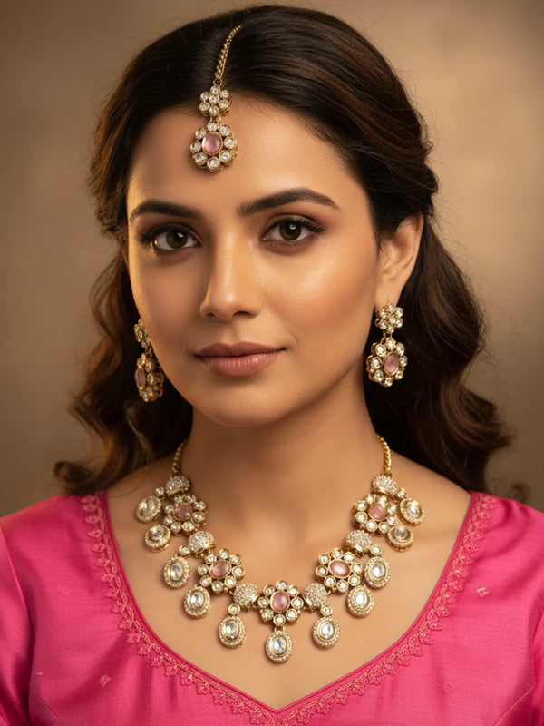 Pink Kundan Necklace Set for Women