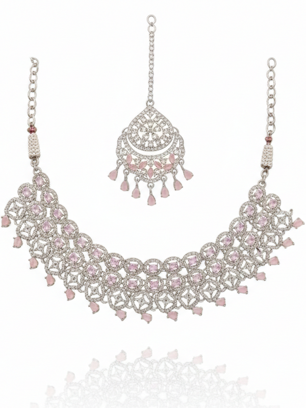 Pink Brass Glass Stone Choker Set For Women