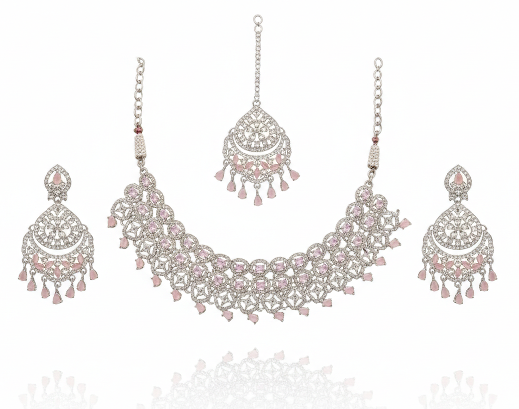 Pink Brass Glass Stone Choker Set For Women