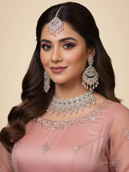 Pink Brass Glass Stone Choker Set For Women