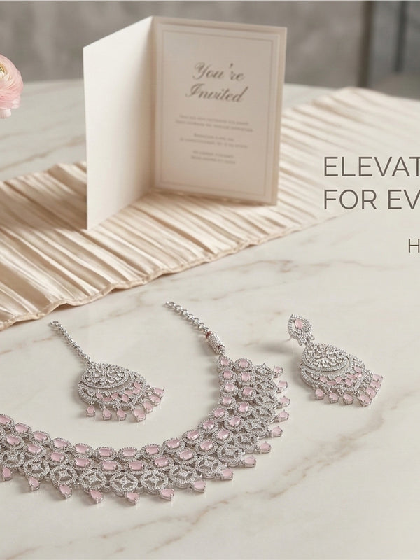 Pink Brass Glass Stone Choker Set For Women