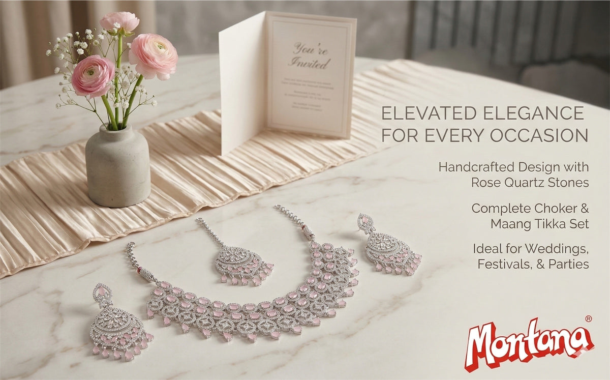 Pink Brass Glass Stone Choker Set For Women