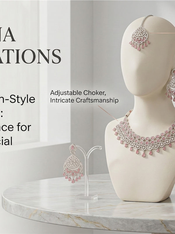 Pink Brass Glass Stone Choker Set For Women