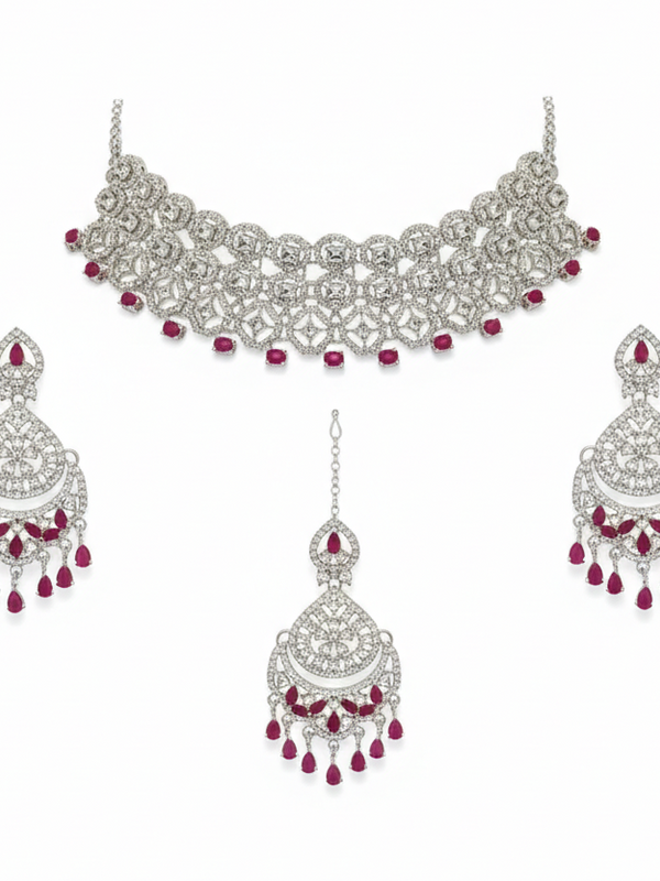 Ruby Brass Glass Stone Choker Set For Women