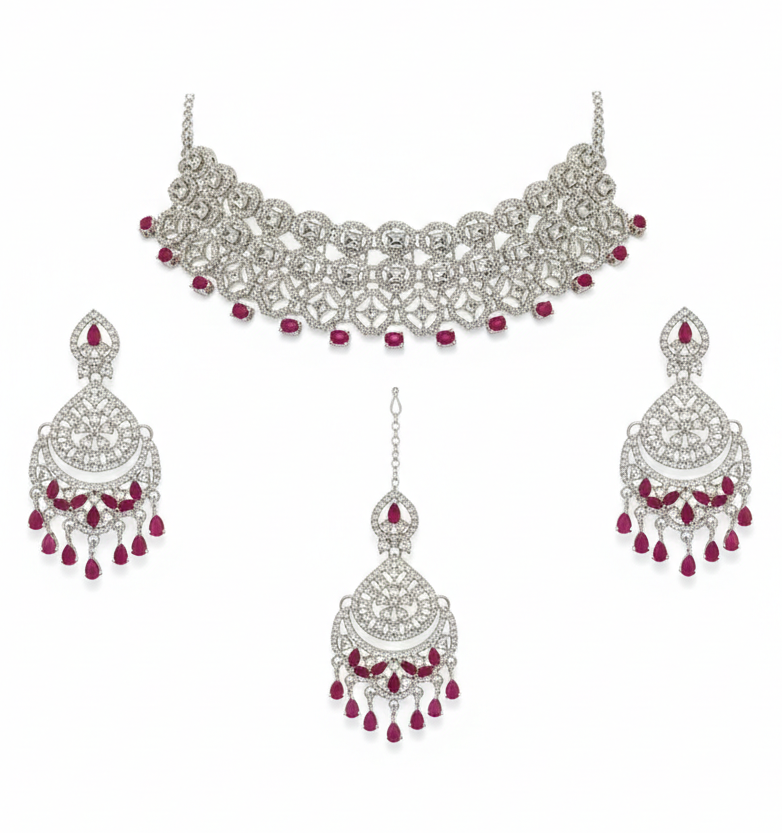 Ruby Brass Glass Stone Choker Set For Women