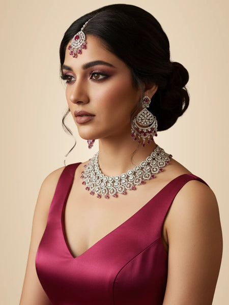 Ruby Brass Glass Stone Choker Set For Women
