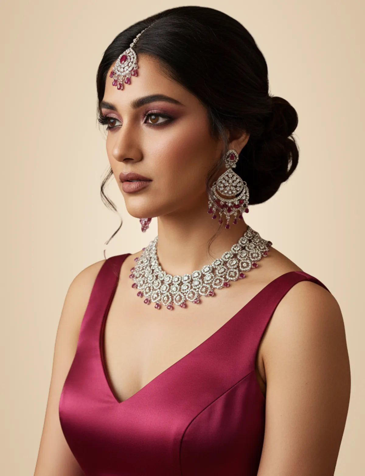 Ruby Brass Glass Stone Choker Set For Women