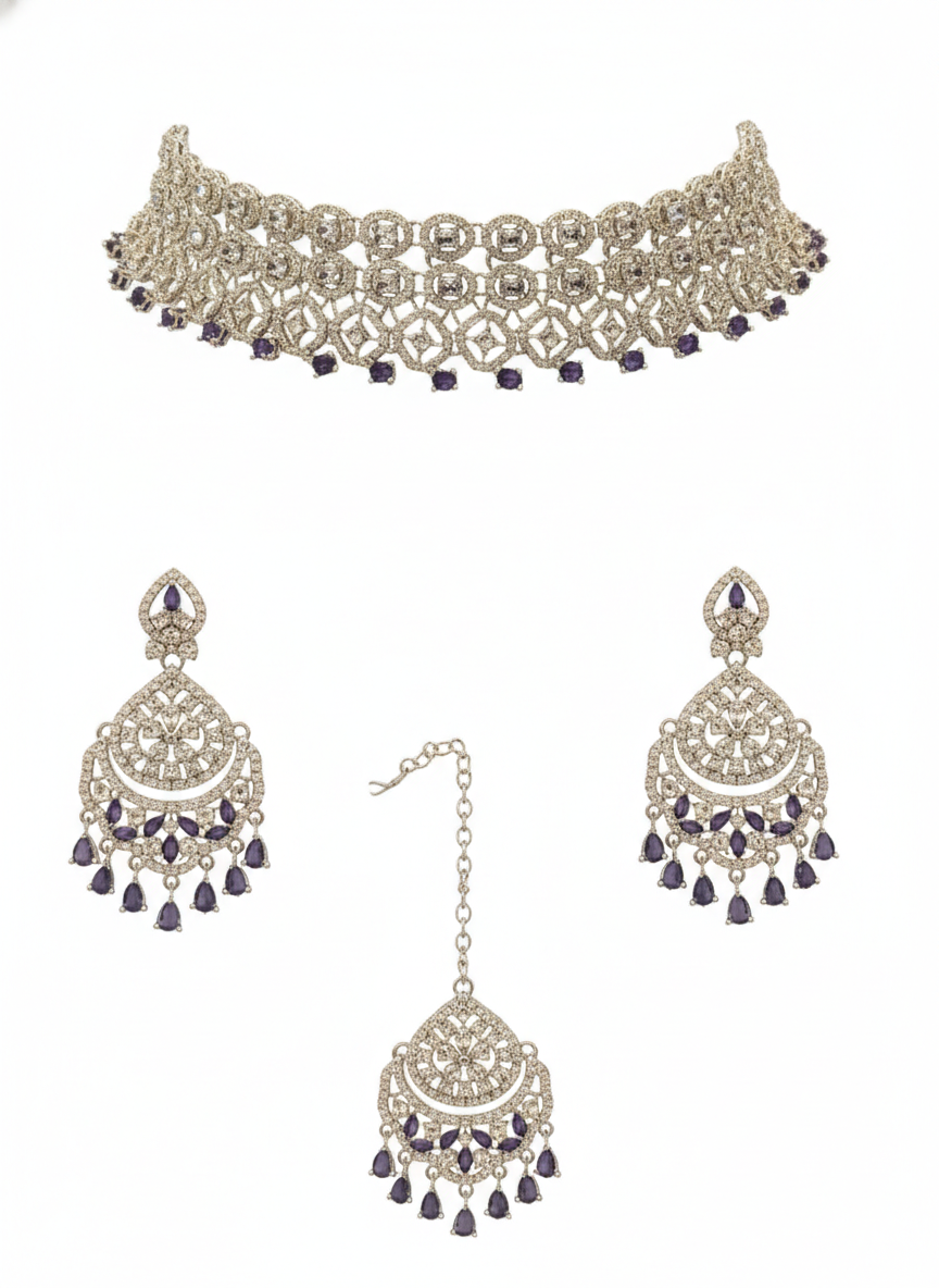 Pink Brass Glass Stone Choker Set For Women