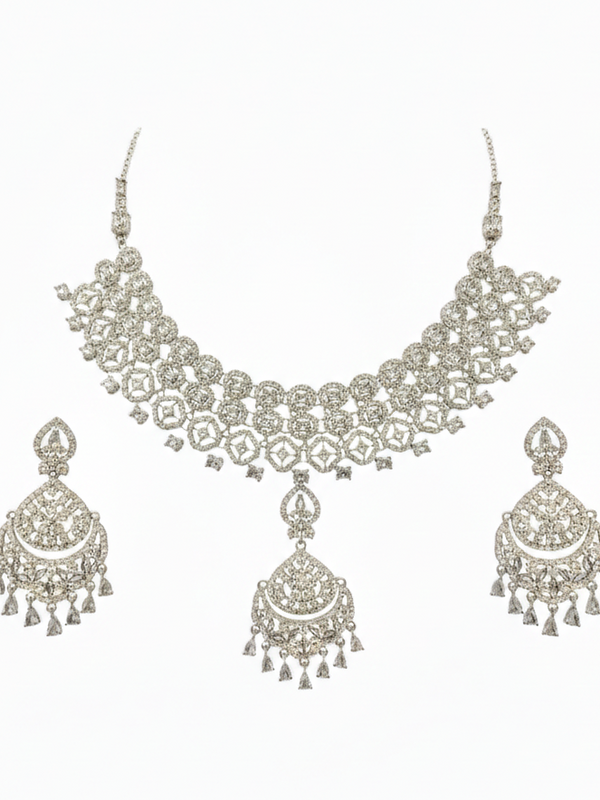 White Brass Glass Stone Choker Set For Women