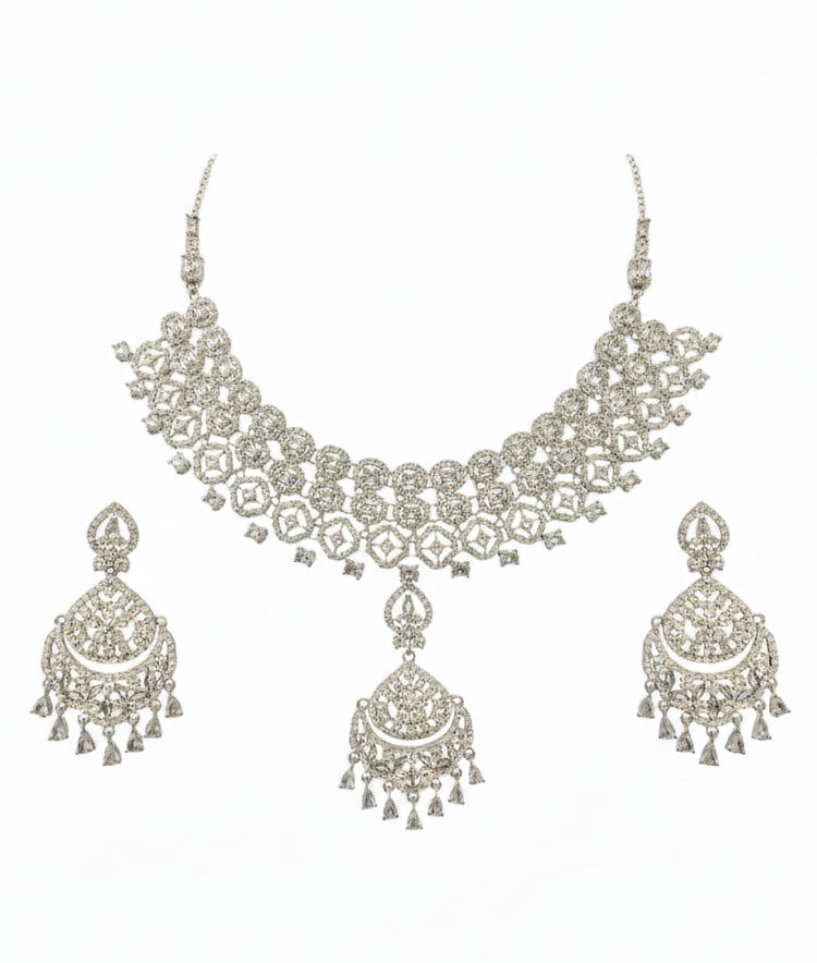 White Brass Glass Stone Choker Set For Women