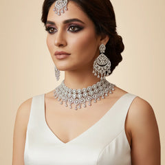 White Brass Glass Stone Choker Set For Women