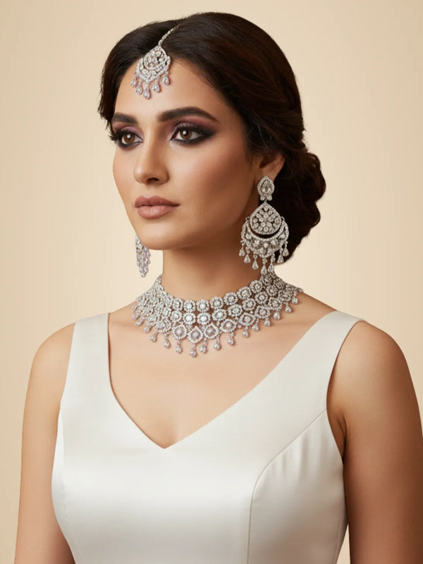 White Brass Glass Stone Choker Set For Women