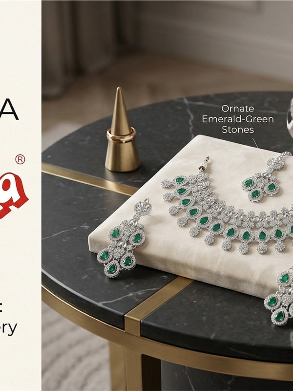 Green Brass Glass Stone Choker Set For Women