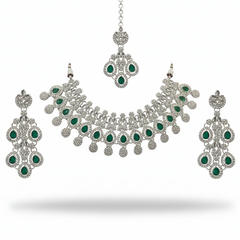 Green Brass Glass Stone Choker Set For Women