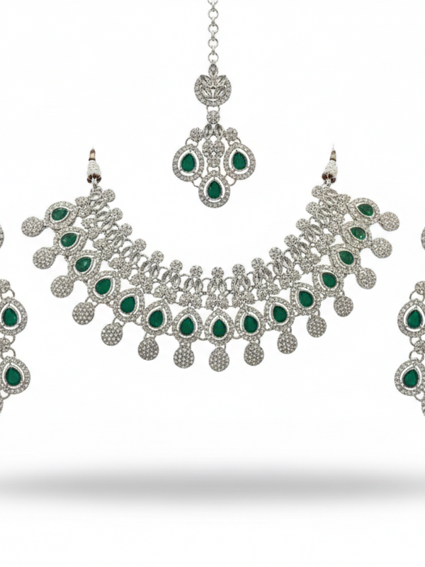 Green Brass Glass Stone Choker Set For Women