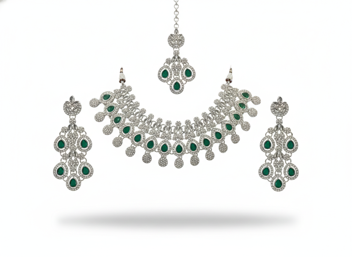Green Brass Glass Stone Choker Set For Women
