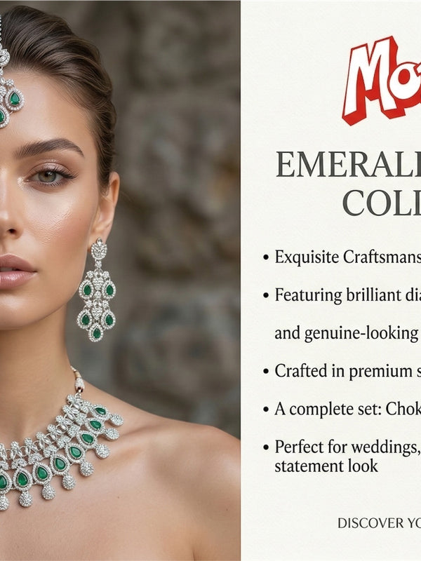 Green Brass Glass Stone Choker Set For Women