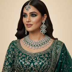 Green Brass Glass Stone Choker Set For Women