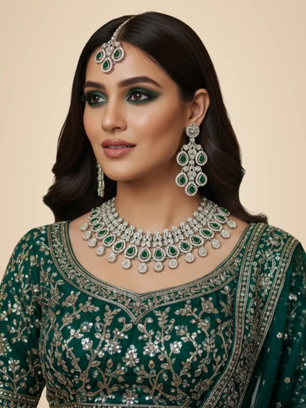Green Brass Glass Stone Choker Set For Women