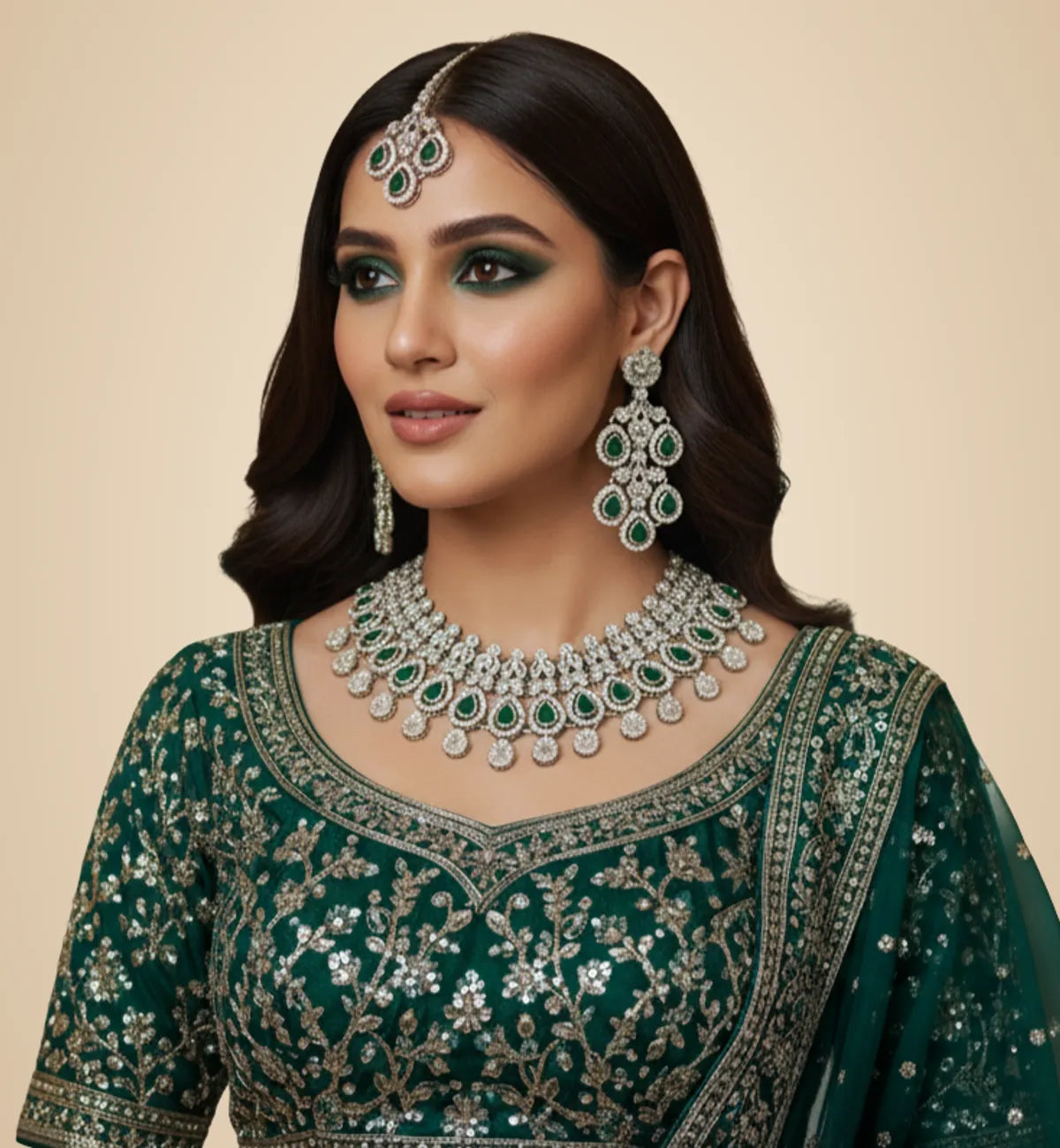 Green Brass Glass Stone Choker Set For Women