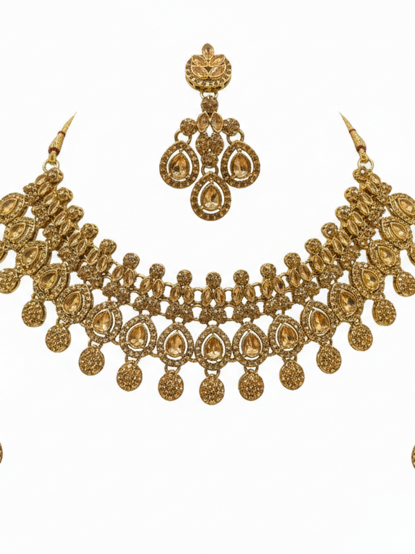Mehandi Brass Glass Stone Choker Set For Women
