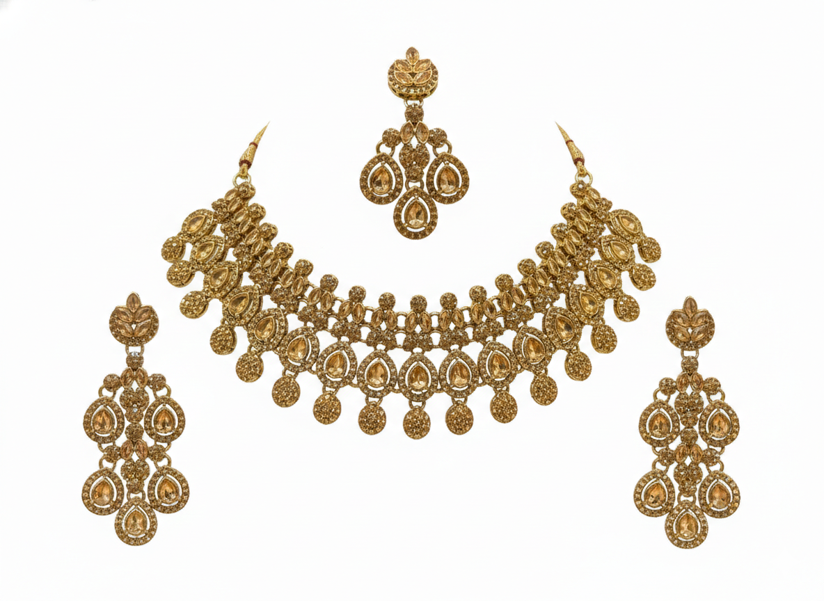 Mehandi Brass Glass Stone Choker Set For Women