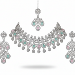 Mint Pink Brass Glass Stone Choker Set For Women