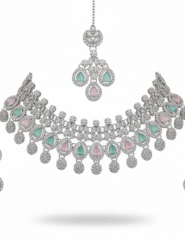 Mint Pink Brass Glass Stone Choker Set For Women