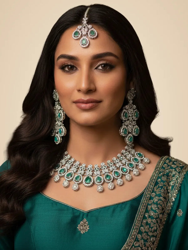 Mint Brass Glass Stone Choker Set For Women