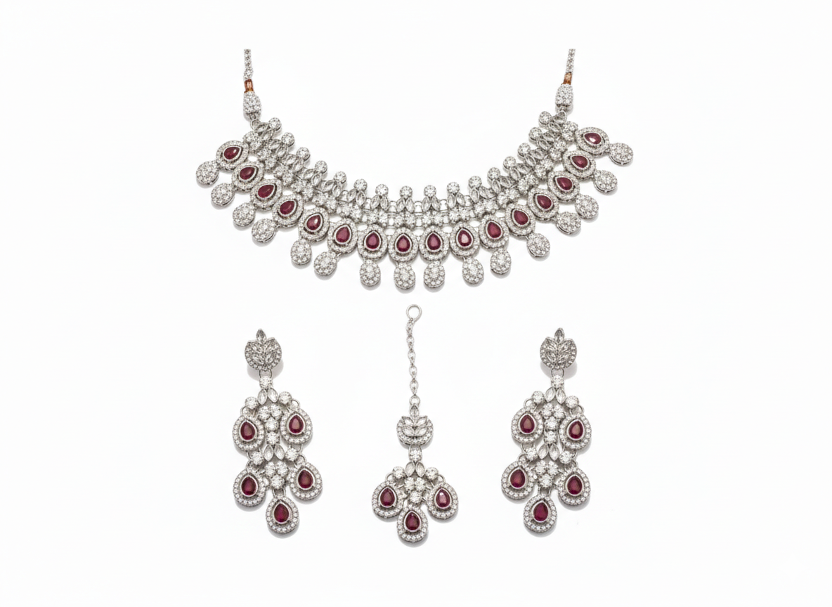 Ruby Brass Glass Stone Choker Set For Women