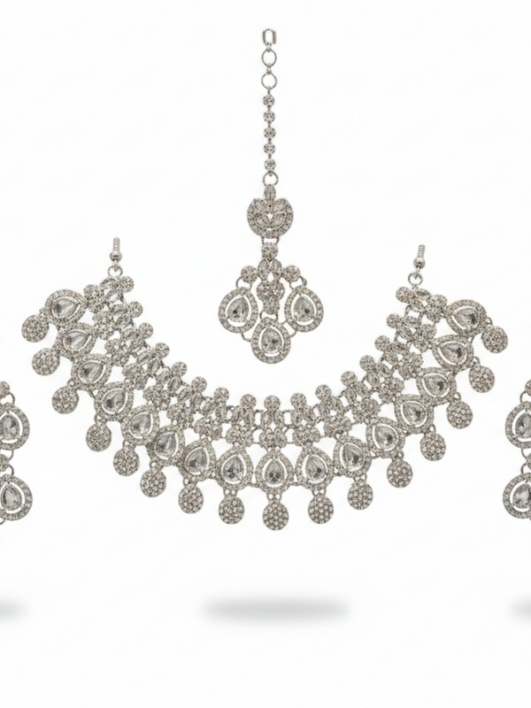 White Brass Glass Stone Choker Set For Women