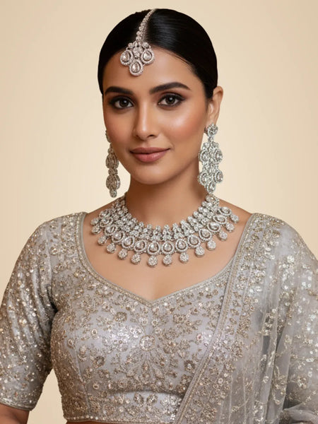 White Brass Glass Stone Choker Set For Women