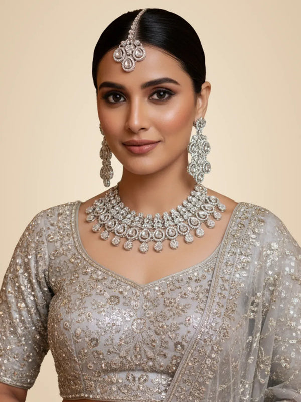 White Brass Glass Stone Choker Set For Women