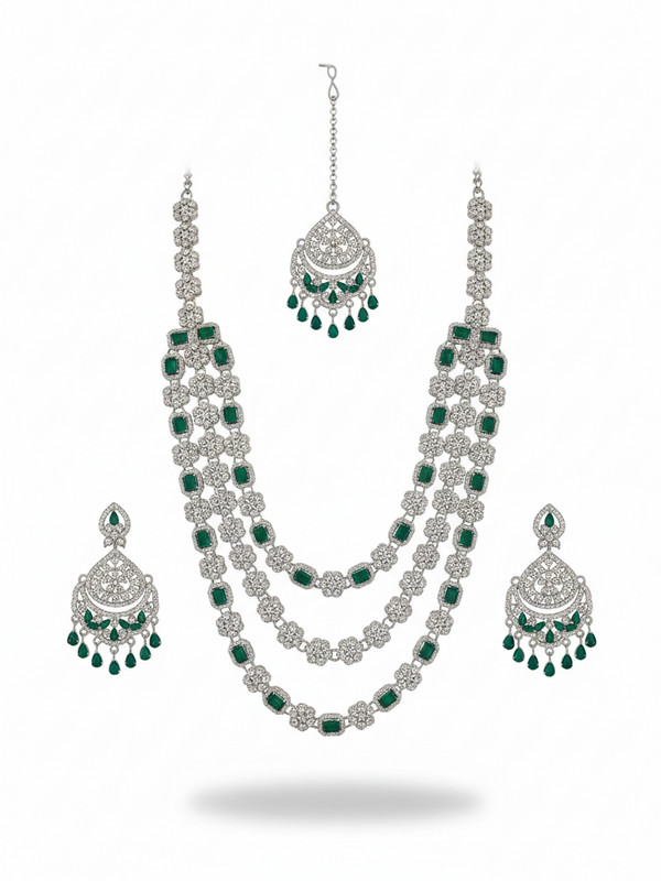 Green Brass Multilayer Necklace Set For Women