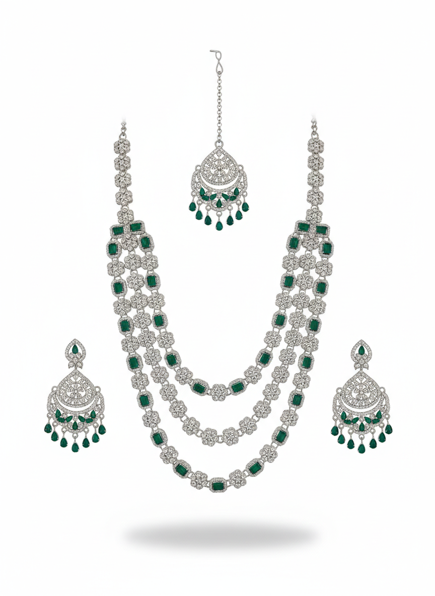 Green Brass Multilayer Necklace Set For Women