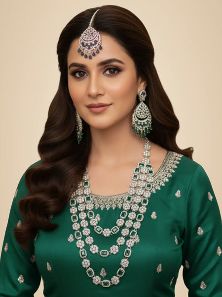 Green Brass Multilayer Necklace Set For Women