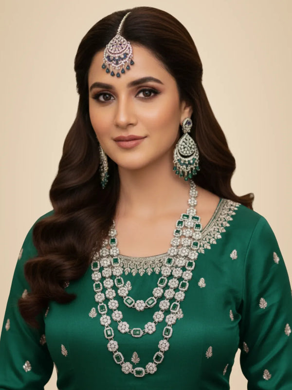 Green Brass Multilayer Necklace Set For Women