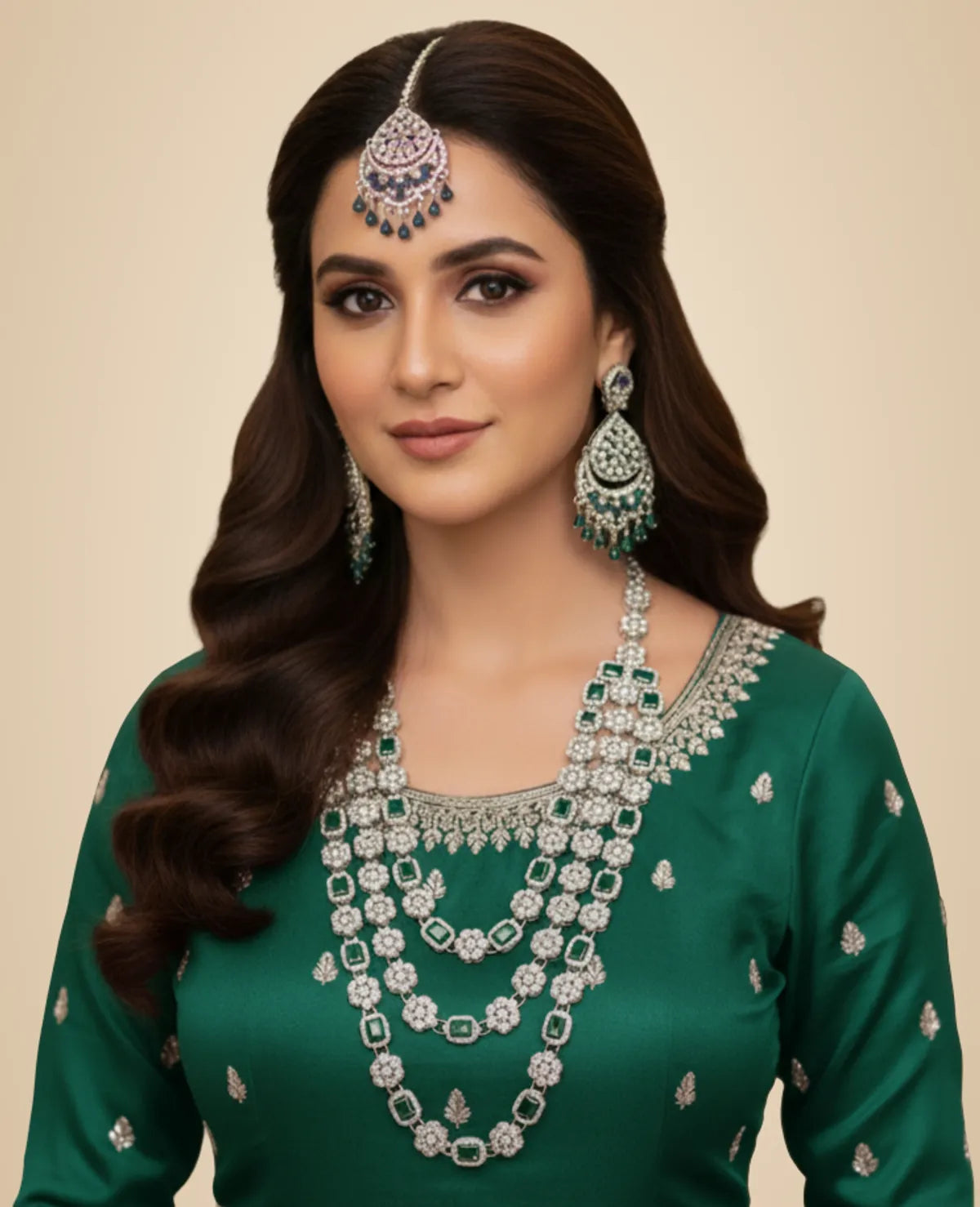 Green Brass Multilayer Necklace Set For Women