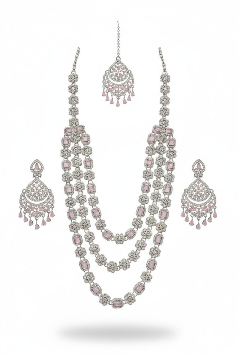 Pink Blue Brass Multilayer Necklace Set For Women