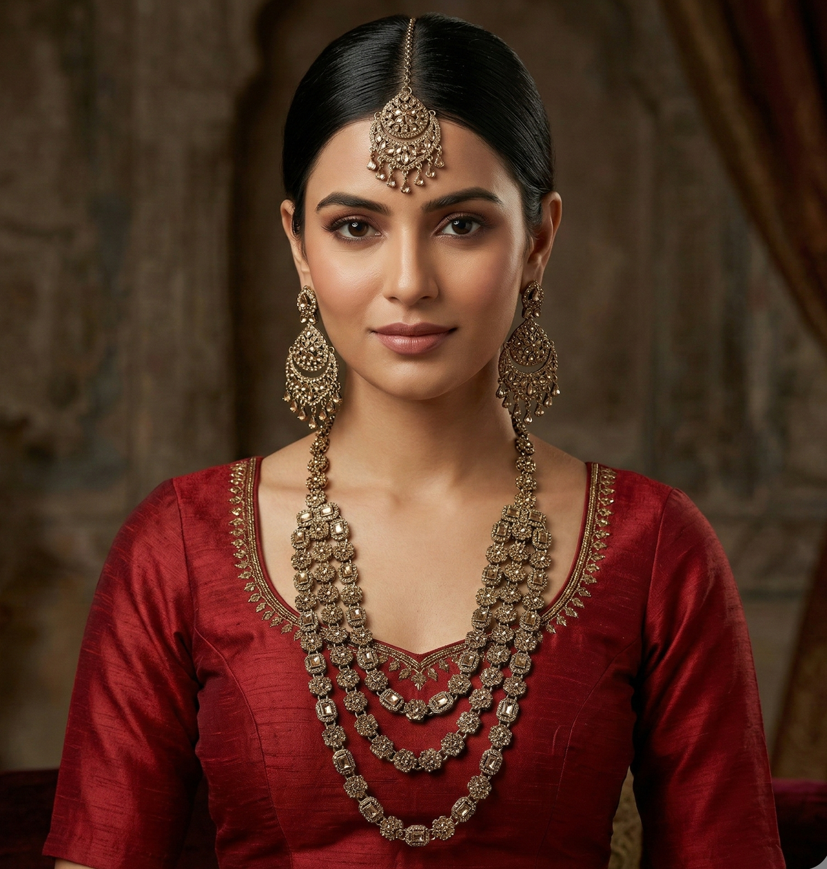 Ruby Brass Multilayer Necklace Set For Women