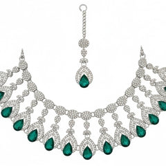 Green Brass Glass Stone Choker Set For Women