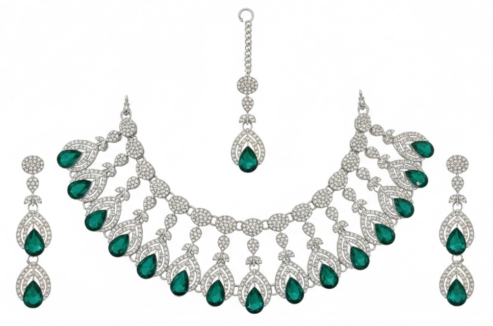 Green Brass Glass Stone Choker Set For Women